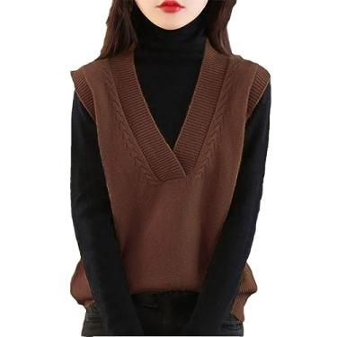 Imagem de Camisola feminina colete cor sólida com decote em v casual malha básico colete superior (colete de café xxl)