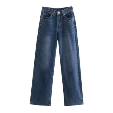Imagem de Aonibeier Za Calça feminina casual Traf cores primavera outono cintura jeans cru, Azul escuro, M