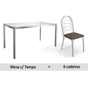 Imagem de Conjunto: Mesa Sala Jantar Reno c/ Tampo de Vidro 150cm + 6 Cadeiras Holanda Cromado/Courano Marrom - Kappesberg