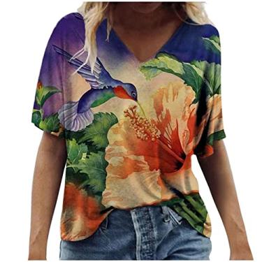 Imagem de Blusas femininas de verão com ajuste solto e decote em V estampado camisa de manga curta Camiseta Havaí Casual Camiseta gráfica Blusa grande Blusa feminina Flor de pássaro F84-Laranja Medium