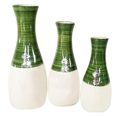 Imagem de Trio Vasos Garrafas Grandes Cerâmica Decorativa Verde E Bege