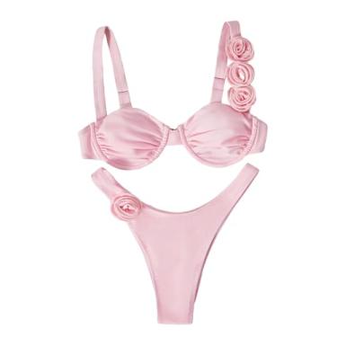 Imagem de BEAUDRM Conjunto de biquíni feminino com design floral 3D, rosa, M