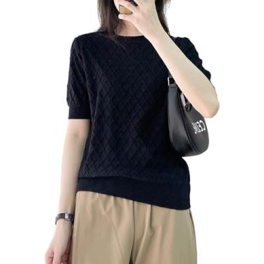 Imagem de Ailaile Suéteres femininos de manga curta de algodão macio gola redonda blusa de malha leve, Preto, GG