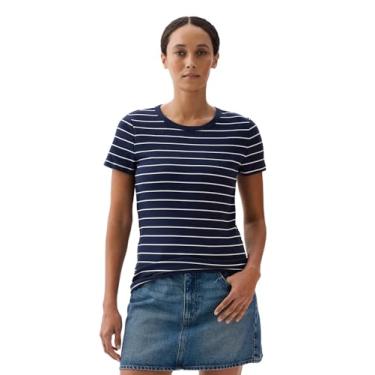 Imagem de GAP Camiseta feminina de manga curta canelada, Listra branca azul-marinho, PP