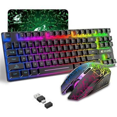 Imagem de Combinação de teclado e mouse para jogos sem fio com retroiluminação LED arco-íris de 87 teclas Bateria recarregável de 3800mAh Anti-ghosting Ergonômico RGB Mute Mouse para computador PC Gamer (preto)
