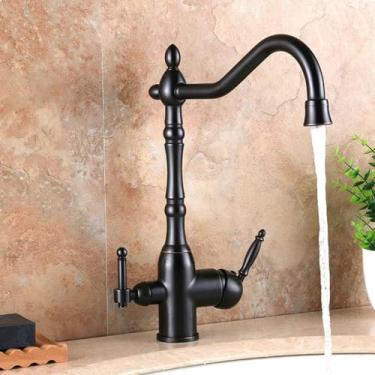 Imagem de Torneira com filtro de água de 3 vias, torneira para beber de cozinha, misturador de pia, bico giratório de latão com 2 alças-torneira de cozinha, torneiras de cozinha pretas