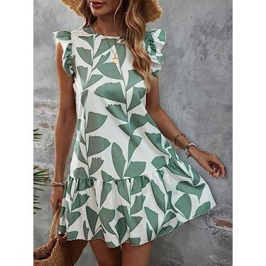 Imagem de Camisa Feminina Leaf Print Ruffle Trim Smock Dress (Color : Multicolor, Size : M)