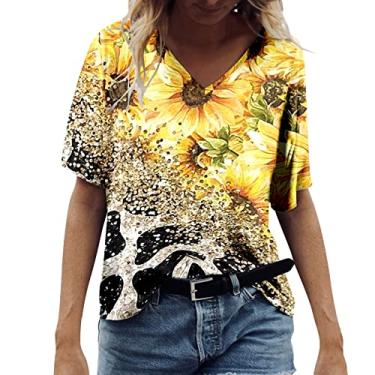 Imagem de Blusas femininas com gola V, estampadas, de manga curta, blusas fofas de verão, casuais, boêmias, túnica formal, Amarelo, M