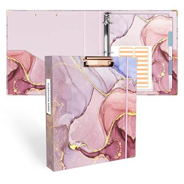 Imagem de Ospelelf Fichário com 3 anéis de 3,5 cm, fichário fofo para tamanho carta (28 cm x 21,5 cm) com 5 divisórias de abas, etiquetas de pasta de arquivo e pranchetas de perfil baixo, fichário de mármore rosa para material escolar e material de escritório