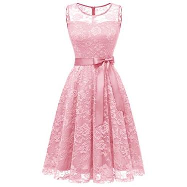 Imagem de Dressystar Vestido feminino de renda floral curto para madrinha de casamento com decote transparente, A- rosa, XGG