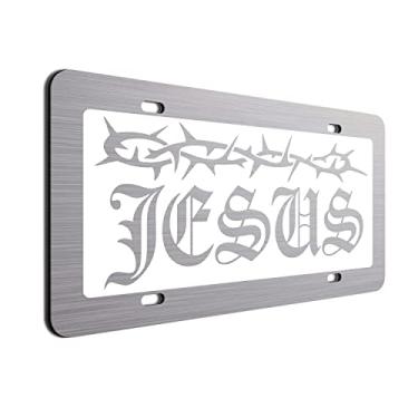 Imagem de Etiqueta de carro ACM de alumínio escovado Jesus Escolha de cores com esta placa de licença cristã ajuste universal feito à mão