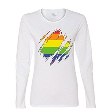 Imagem de Camiseta de manga comprida com bandeira do arco-íris do orgulho gay rasgado LGBTQ Love Wins, Branco, P