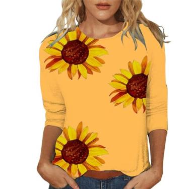Imagem de Camisetas femininas gola redonda manga 3/4 comprimento blusas soltas túnica casual roupas de férias de verão, 1 amarelo, M
