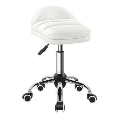 Imagem de BFTOU Banqueta branca com roda para trabalho doméstico, spa, massagem, altura ajustável e econômica, banco giratório com encosto baixo