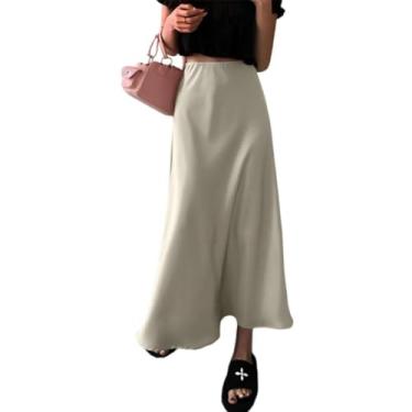 Imagem de Yazinie Saia feminina de cintura alta, saia de cetim, saia midi de seda para mulheres, saias para mulheres, modernas, Bege, M