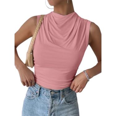 Imagem de SOFIA'S CHOICE Camiseta feminina drapeada com gola drapeada casual verão sem mangas, Rosa lótus, M