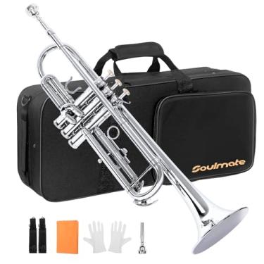 Imagem de Soulmate Conjunto de trompete padrão profissional Bb Trumpet com estojo de transporte rígido, bocal 7C, kit de limpeza, luvas e pano de polimento (prata)
