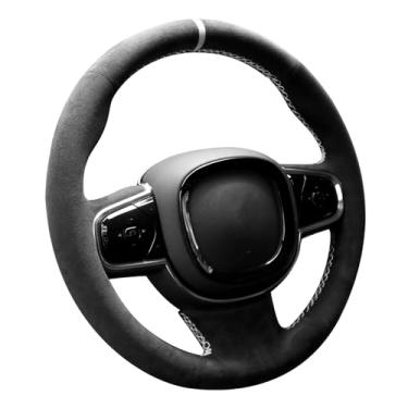 Imagem de Alfanxi Costura à mão Itália Alcantara Capa de volante para Volvo S60/S90/V60 V90 Cross Country/XC60/XC90 (Alcântara preta + faixa vermelha)