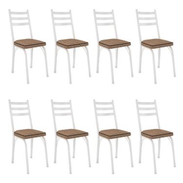 Imagem de Kit 8 Cadeiras De Cozinha Luisiana Estampado Rattan Bege Pés De Ferro Branco