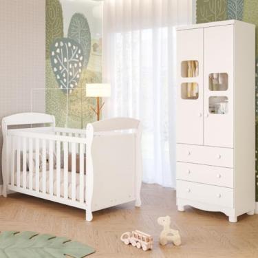 Imagem de Quarto de Bebê Completo Berço Americano Marquesa 3 Em 1 Guarda Roupa Uli 2 Portas 3 Gavetas Branco Carvalho 100% Mdf Móveis Peroba Branco Brilho