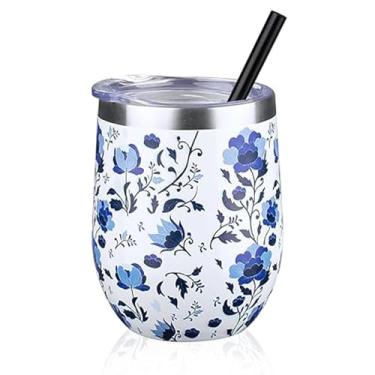 Imagem de Copo de vinho isolado de 340 g com tampa e canudo, copos de vinho sem haste de aço inoxidável, copos de vinho a vácuo de parede dupla, para café, coquetel, escritório (porcelana azul e branca, 1)