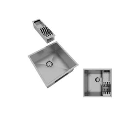 Imagem de Cuba Inox Quadrada 400 X 400 Com Escorredor E Válvula - Calha Úmida