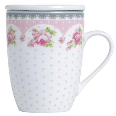 Imagem de Xícara Caneca de Chá Porcelana Branca com Tampa e Infusor Inox 310ml L