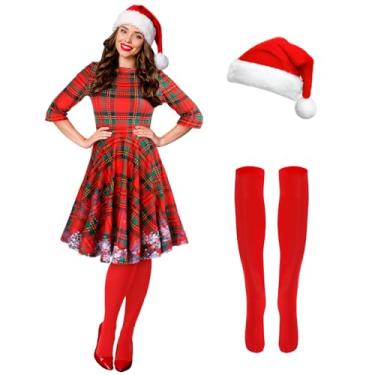 Imagem de Hillban Conjunto de 3 peças de fantasia de elfo de Natal feminino, manga curta, vestido de Natal até a coxa, chapéu de Papai Noel, Estilo simples, Large