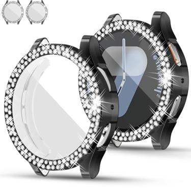 Imagem de [Pacote com 2] Capa RICHONE brilhante compatível com Samsung Galaxy Watch 7 de 44 mm, preta, capa de TPU macio, 2 fileiras de strass, amortecedor protetor completo (preto x 2, Galaxy Watch7 de 44 mm)