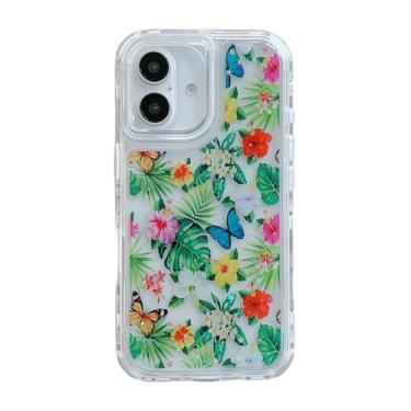 Imagem de wifantien Capa transparente floral 3 em 1 para iPhone 16,3 camadas de estampa de folhas de borboleta colorida 3D fofa feminina tendência à prova de choque capa feminina feminina para meninas para