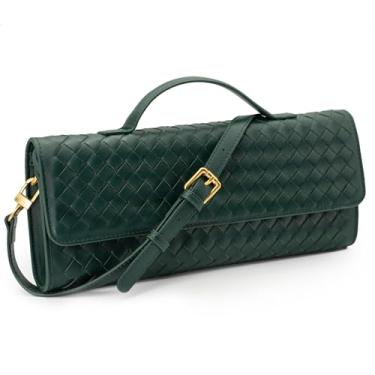 Imagem de Bolsa clutch de tecido feminina alça superior bolsa tiracolo de couro com alça removível, Verde escuro, Medium