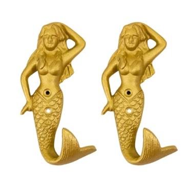 Imagem de AYZCORP Conjunto de 2 ganchos de ferro fundido de sereia para decoração de arte de parede - cabides de sereia e porta-chaves - cabide de roupas e mochila - ganchos para casaco, decoração de casa para