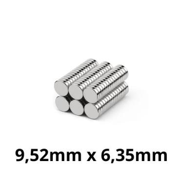 Imagem de Kit 100 Imã Neodímio Disco Magnético N35  9,52 x 6,35 mm Super Forte P