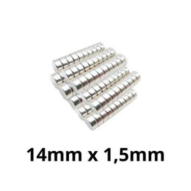 Imagem de Kit 100 Imã Neodímio Disco Magnético N35  14 x 1,5 mm Super Forte Pote