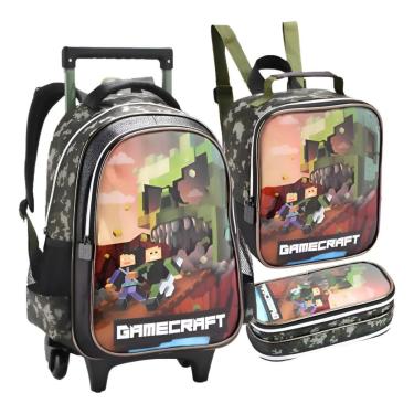 Imagem de Mochila Escolar Rodinha Gamecraft Zombie Infantil Masculina 3 Peças-Unissex