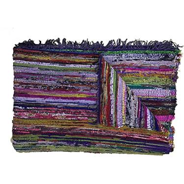 Imagem de Aakriti Gallery Tapete de pano feito à mão Fair Trade Chindi Tapete indiano multicolorido tapete reciclado boho tapete decorativo (1,5 m x 9 m) (azul)