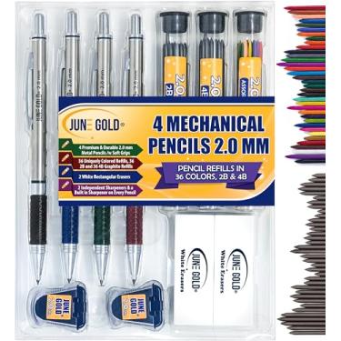 Imagem de June Gold 4 lápis mecânicos profissionais de 2,0 mm, 36 refis coloridos, refis 2B e 4B, 2 apontadores, 2 borrachas resistentes a manchas, apontadores embutidos e aderência macia antiderrapante