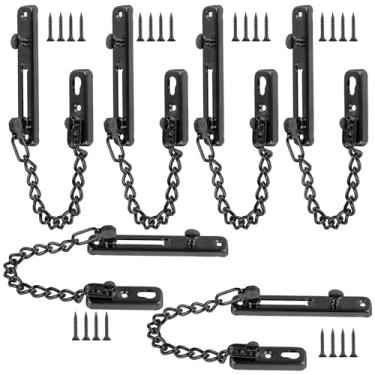 Imagem de Pacote com 6 cadeados de corrente de porta, protetor de corrente de segurança de aço inoxidável KINJOEK com trava anti-roubo de mola, trava de porta polida resistente com parafusos, preta