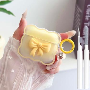 Imagem de Linda capa transparente para AirPods 4, design de laço 3D feminino, TPU macio, à prova de choque, Kawaii, Apple iPod 4ª geração, com kit de limpeza e chaveiro, laço amarelo para meninas e mulheres