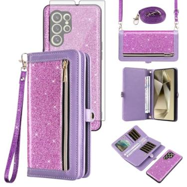 Imagem de Asuwish Capa de celular para Samsung Galaxy S24 Ultra 5G Carteira com zíper destacável com protetor de tela de vidro temperado Alça Bling Glitter Flip porta-cartões S24Ultra 24S S 24 24Ultra feminina