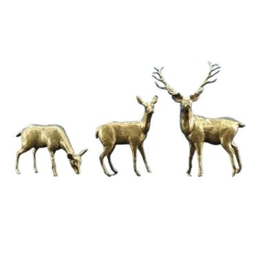 Imagem de 3 peças de latão Sika veado Buck Doe Fawn modelo miniatura estatuetas, metal Natal veado estátua escultura artesanato coleção escritório casa estudo desktop ornamento bonsai micro paisagem areia mesa