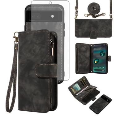Imagem de Asuwish Capa de celular para Google Pixel 6A 5G 2022 com zíper carteira magnética com protetor de tela de vidro temperado alça de pulso transversal flip porta-cartão de crédito bolsa Pixel6A A6