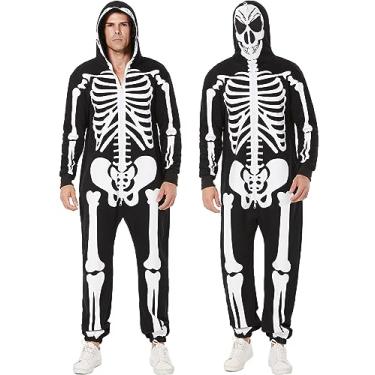 Imagem de Watato Fantasia de esqueleto masculino macacão adulto para fantasia assustadora de Halloween, terno estampado na frente e nas costas capuz máscara com zíper 2GG