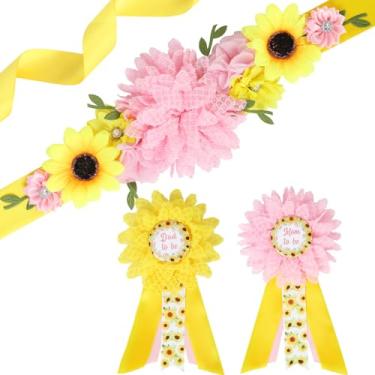 Imagem de JOYMEMO Kit de faixa de maternidade para chá de bebê e girassol rosa amarelo – cinto de barriga para chá de bebê com tema de girassol e alfinetes de corsage para mamãe e papai, acessórios para fotos