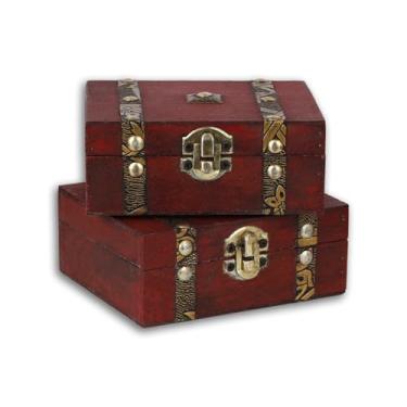 Imagem de Pacote com 2 caixas de joias de madeira vintage, organizador de armazenamento de baús decorativos retrô feitos à mão, porta-presentes de madeira para anéis, brincos, colar, cerimônia de lembrança