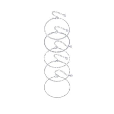 Imagem de PAVOI Pacote de pulseira de corrente banhada a ouro 18K para mulheres | Conjunto de 5 pulseiras empilháveis com clipe de papel, corda de cobra, fígaro, com contas, 6 Inches, Ouro branco, Sem Pedra