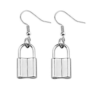 Imagem de CHOORO Brincos vintage com cadeado de prata, brincos com pingente de fechadura, chaveiro, presente de amor para namorada, Metal