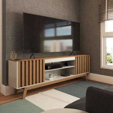 Imagem de Rack para TV Até 60 Polegadas Ripado Seattle Retrô 2 Portas 1 Prateleira Off White/Freijó - Panorama Móveis