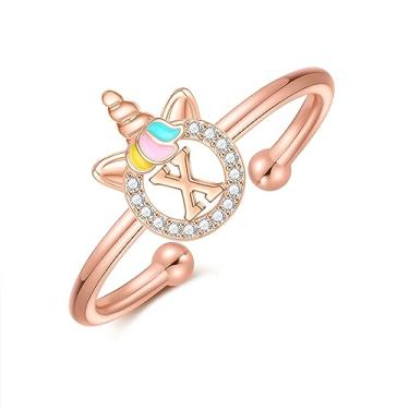 Imagem de CIVOKINA Anéis delicados de unicórnio com inicial para meninas, banhado a ouro 14 quilates/ouro rosa/prata para meninas, lindo anel infantil hipoalergênico, ajustável, com letras para presentes para