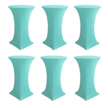 Imagem de Enjoyidea Capas de mesa de coquetel - toalhas de mesa redondas de elastano de cano alto, pacote com 6, 81 x 109 cm, toalha de mesa alta elástica azul aqua para pub, bistrô, festa highboy, banquete,